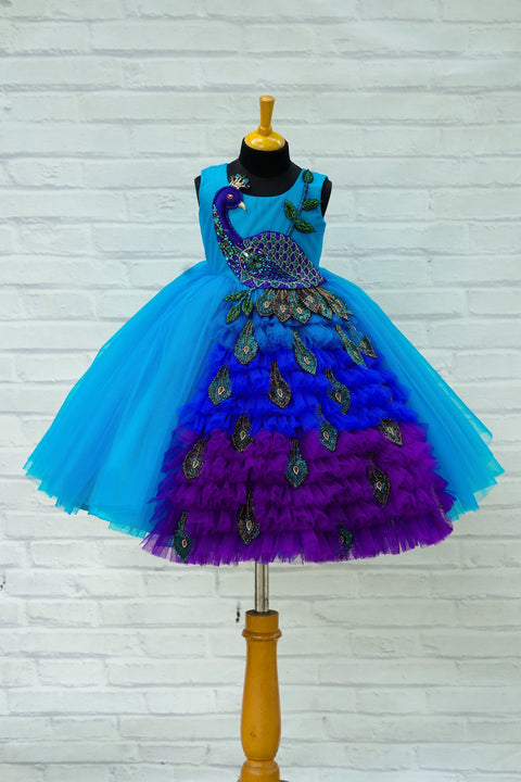 Pre-Order:  Hand crafted bead and stone peacock with long feather theme gown