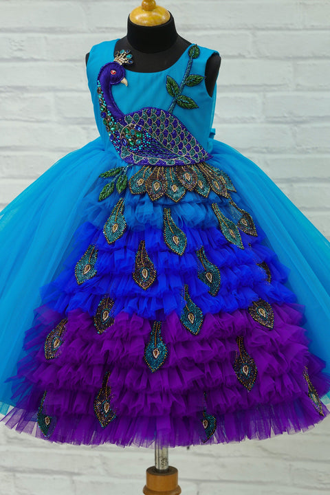 Pre-Order:  Hand crafted bead and stone peacock with long feather theme gown