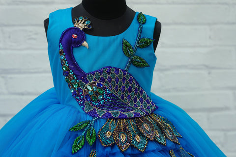 Pre-Order:  Hand crafted bead and stone peacock with long feather theme gown
