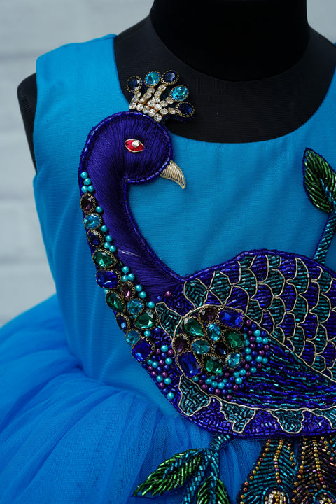 Pre-Order:  Hand crafted bead and stone peacock with long feather theme gown