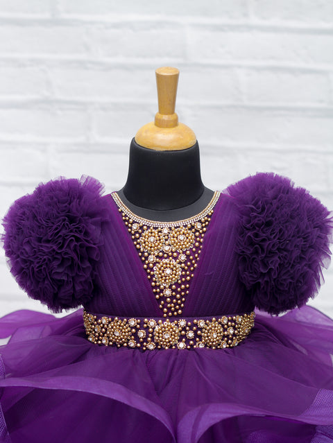 Pre-order: Dark grape purple twirled gown with rich golden bead work gown