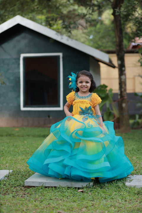 Pre-order: Sunny Refreshing Aqua - Yellow And Sea Blue Ombre Shaded Twirled Party Wear Gown