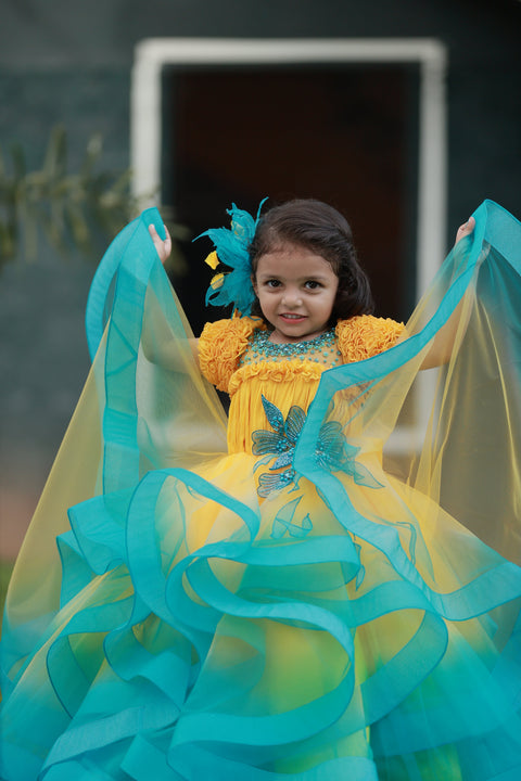 Pre-order: Sunny Refreshing Aqua - Yellow And Sea Blue Ombre Shaded Twirled Party Wear Gown