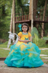 Pre-order: Sunny Refreshing Aqua - Yellow And Sea Blue Ombre Shaded Twirled Party Wear Gown