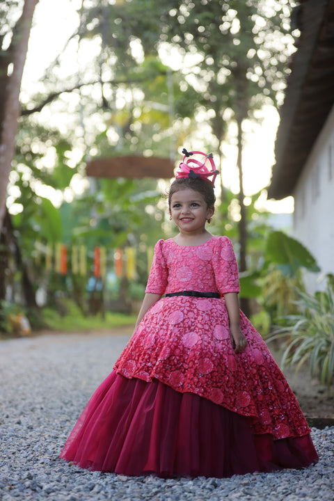 Pre-order: Coral with wine red ombre shaded net embroidery gown