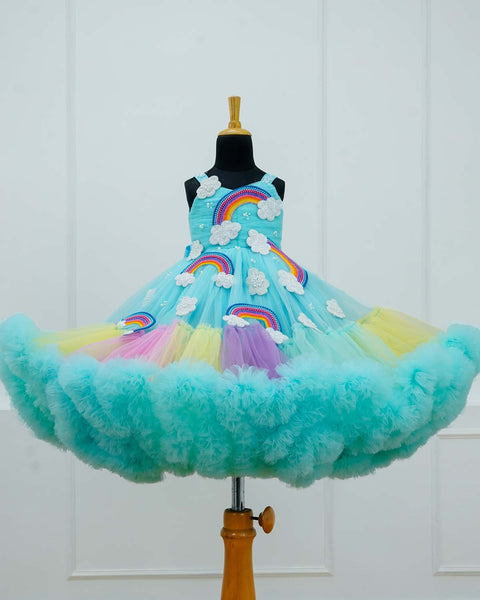 Pre-Order:  Light aqua blue Rainbow theme heavy beaded frill gown
