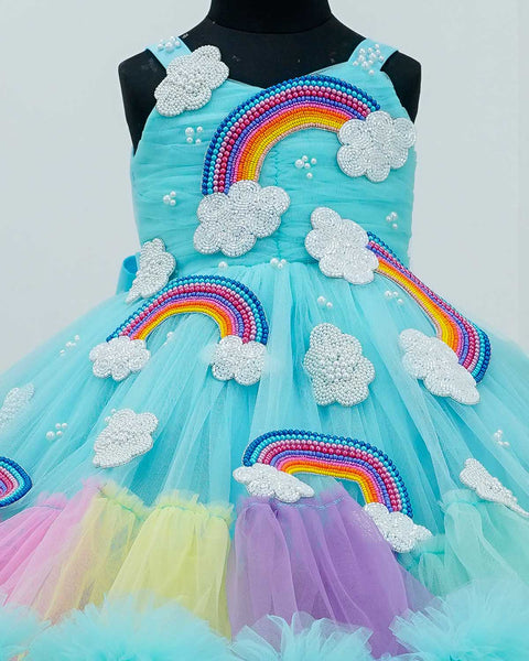 Pre-Order:  Light aqua blue Rainbow theme heavy beaded frill gown