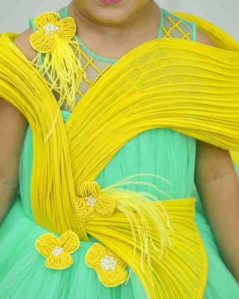Pre-Order: Aqua green and light mango yellow layered frilled gown with stylish pintuck fabric manipulation