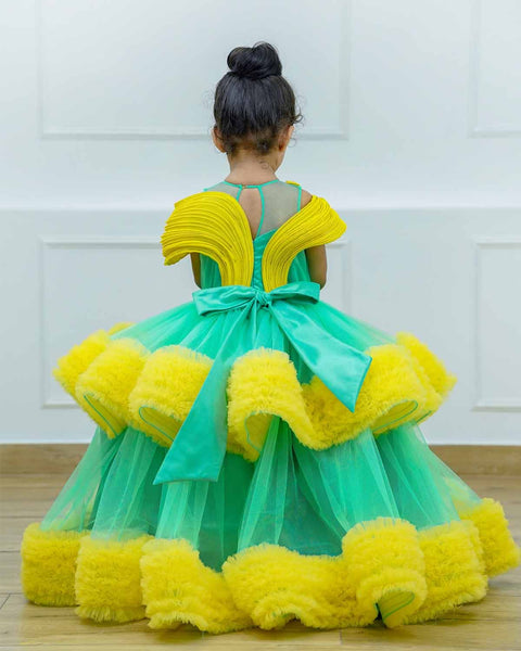 Pre-Order: Aqua green and light mango yellow layered frilled gown with stylish pintuck fabric manipulation