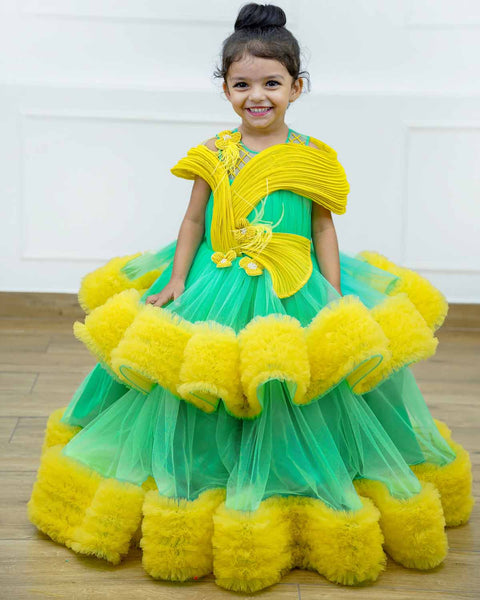 Pre-Order: Aqua green and light mango yellow layered frilled gown with stylish pintuck fabric manipulation