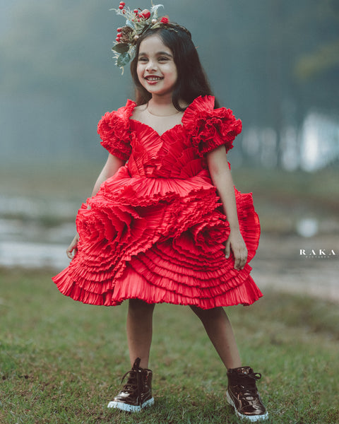 Pre-Order: Pleated Red Rose Couture Gown