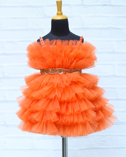 Pre-order: Coral Orange Frilled Frock with Beaded Waist Belt
