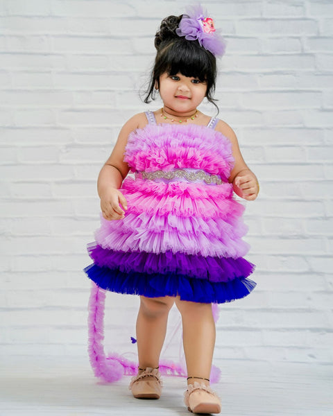 Pre-order: Pink and Lavender Multi Color Frilled Frock with Beaded Belt
