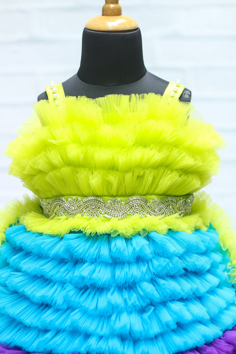 Pre-order: Lime Green Sky blue and Purple Combo Frilled Frock with Beaded Belt
