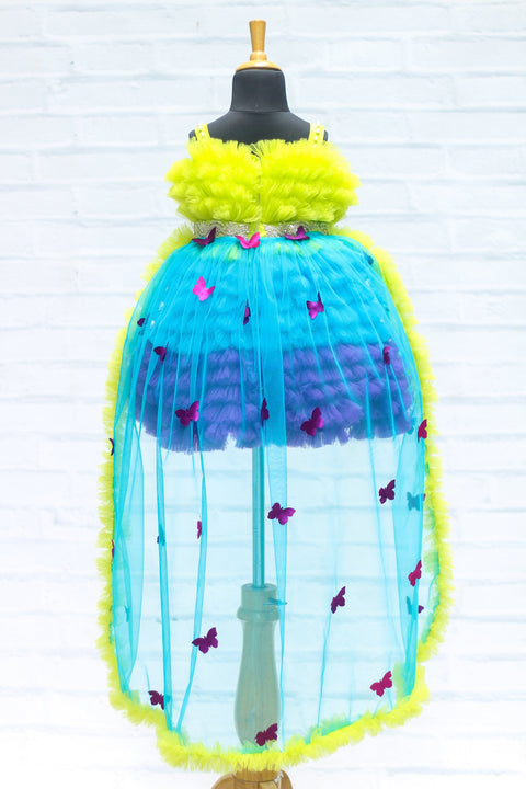 Pre-order: Lime Green Sky blue and Purple Combo Frilled Frock with Beaded Belt