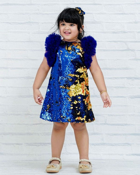 Pre-order: Double Shade Golden & Navy Blue Sequins A-Line Frock