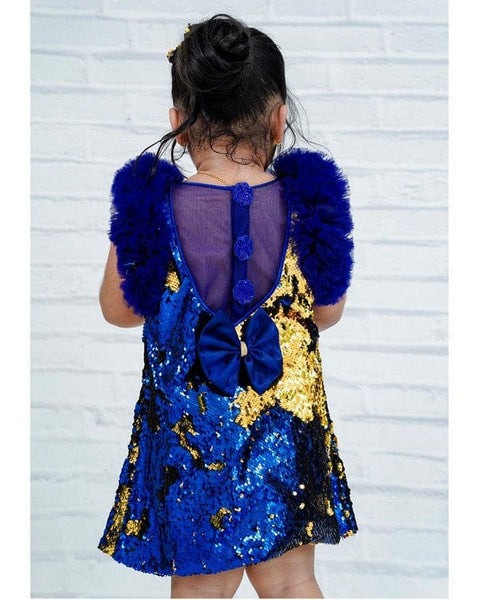Pre-order: Double Shade Golden & Navy Blue Sequins A-Line Frock