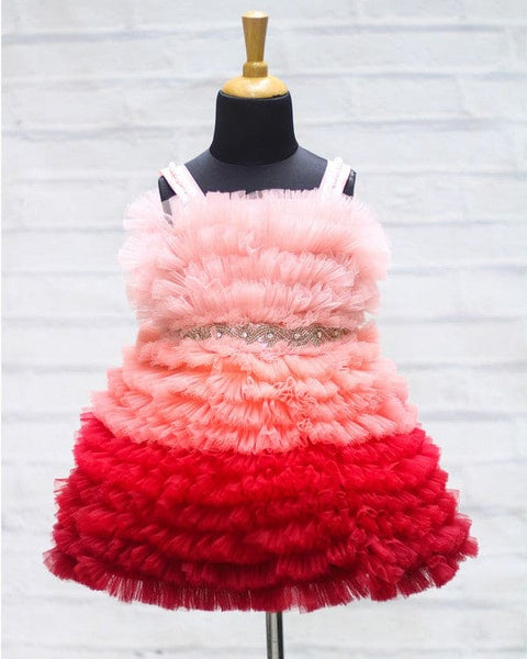 Pre-order: Peach & Red Frilled Frock With Beaded Waist Belt