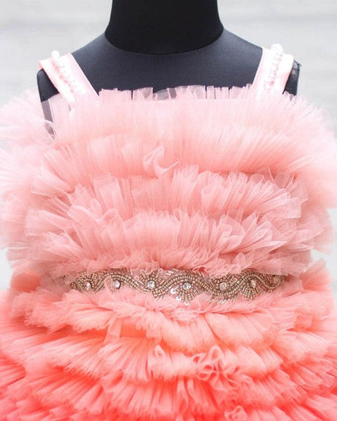 Pre-order: Peach & Red Frilled Frock With Beaded Waist Belt