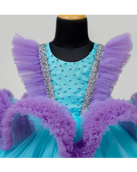 Pre-order: Baby Blue and Lavender Partywear Frock with Frilled Yoke
