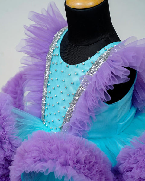Pre-order: Baby Blue and Lavender Partywear Frock with Frilled Yoke