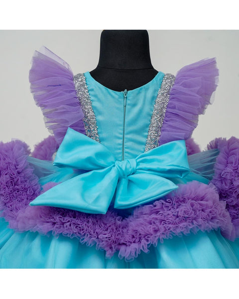 Pre-order: Baby Blue and Lavender Partywear Frock with Frilled Yoke