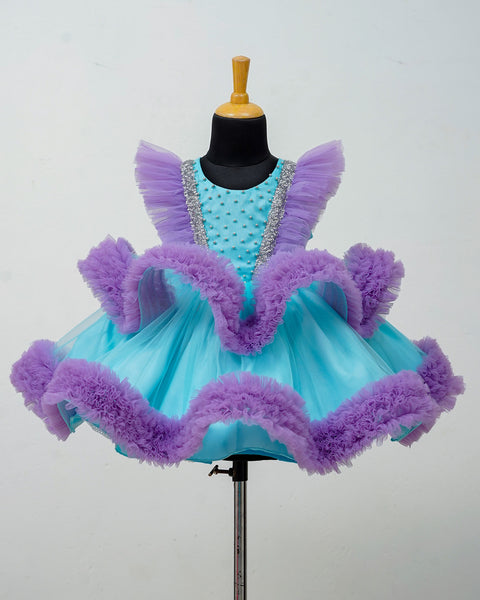 Pre-order: Baby Blue and Lavender Partywear Frock with Frilled Yoke