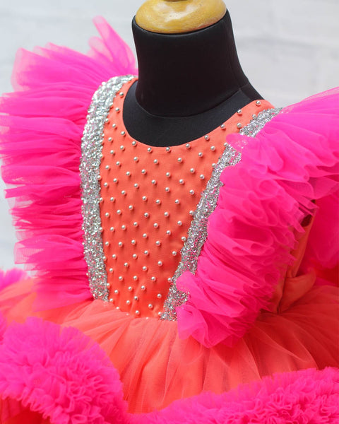 Pre-order: Coral Peach and Fuchsia Pink Partywear Frock