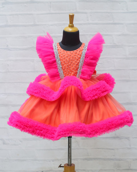 Pre-order: Coral Peach and Fuchsia Pink Partywear Frock