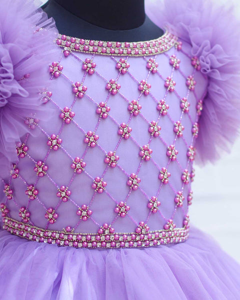 Pre-Order:  Lavender Gown With Bead Hand Worked Yoke And Detachable Back Trail
