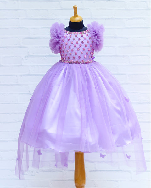 Pre-Order:  Lavender Gown With Bead Hand Worked Yoke And Detachable Back Trail
