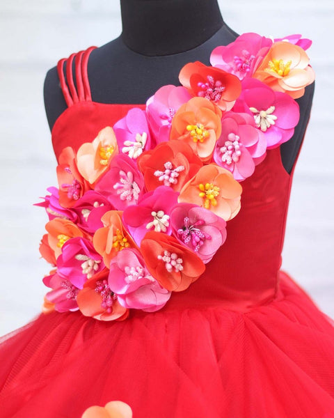 Pre-Order: Red Swirled One Shoulder Gown With Pink & Peach Flower Work
