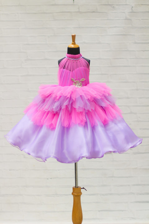 Pre-Order: Pink And Lavender Halter Neck Feather Frill Gown