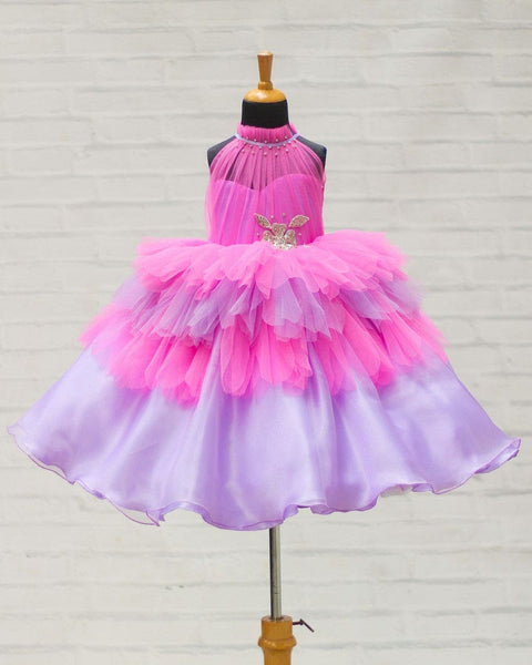 Pre-Order: Pink And Lavender Halter Neck Feather Frill Gown