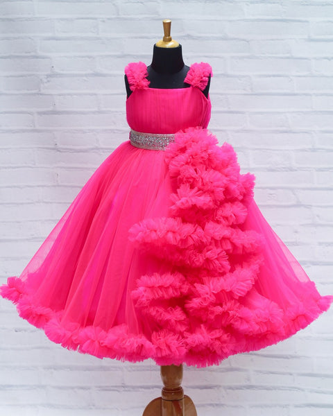 Pre-Order:  Hot Fuchsia Pink Flouncy Frill Gown With Silver Belt