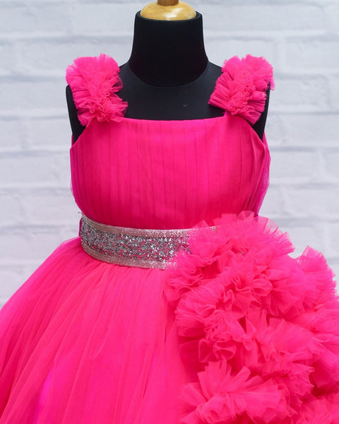 Pre-Order:  Hot Fuchsia Pink Flouncy Frill Gown With Silver Belt
