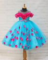 Pre-Order: Sky Blue Off-Shoulder Gown With Fuchsia Pink Handcrafted Flowers