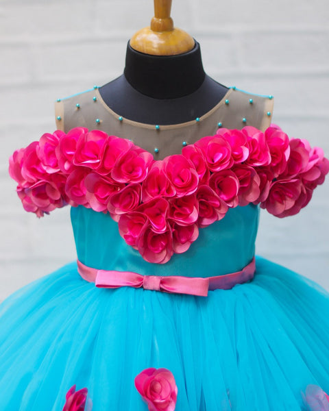 Pre-Order: Sky Blue Off-Shoulder Gown With Fuchsia Pink Handcrafted Flowers
