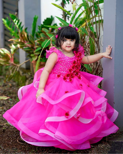 Pre-Order: Rani Pink Organza Flouncy Gown With Handcrafted Flower
