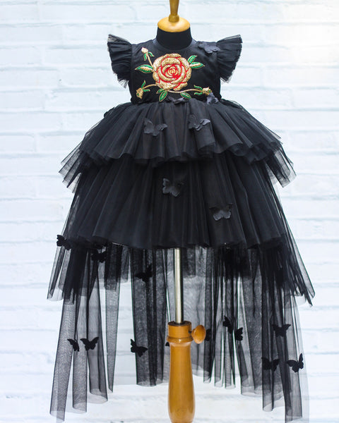 Pre-Order: Black Frilled Gown With Handcrafted Golden Rose Flower