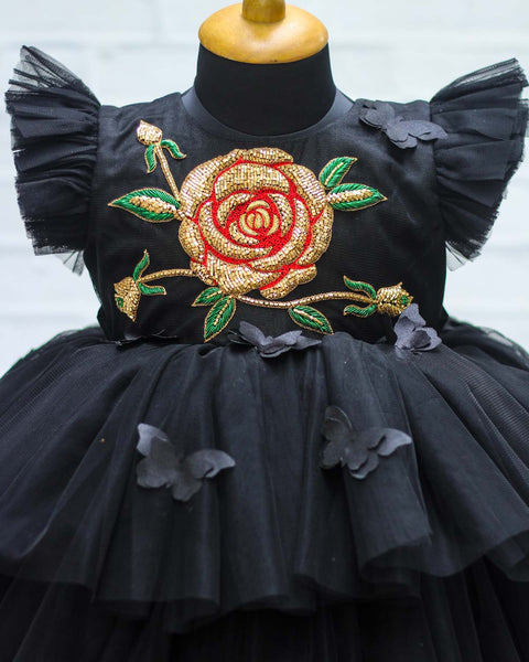 Pre-Order: Black Frilled Gown With Handcrafted Golden Rose Flower