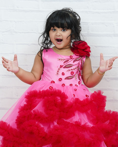 Pre-Order: Pink And Wine-Red Hand Crafted Cloudy Frilled Gown