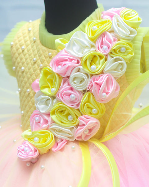 Pre-Order: Light Yellow And Baby Pink Quilted Rich Flower Embellishment Gown