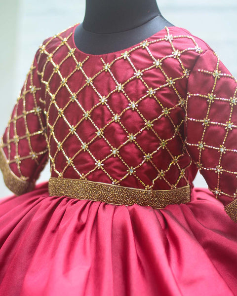 Pre-Order: Maroon Layered Umbrella Gown With Checked Design Hand Work