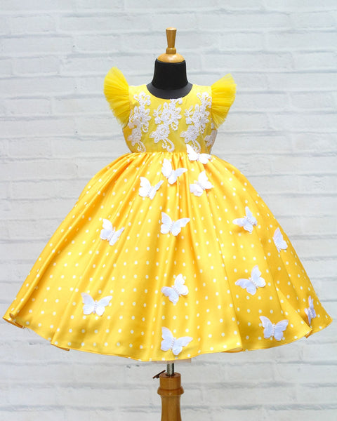 Pre-Order: Polka Dot Yellow Satin Gown With White Embroidery Yoke And Butterflies