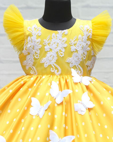 Pre-Order: Polka Dot Yellow Satin Gown With White Embroidery Yoke And Butterflies