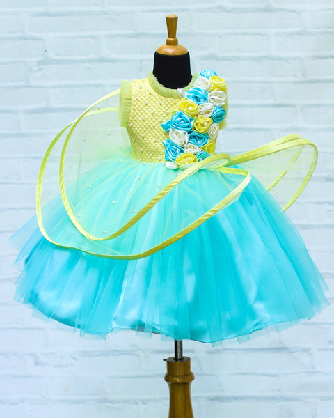Pre-Order: Light Yellow And Sky Blue Quilted Rich Flower Embellishment Gown