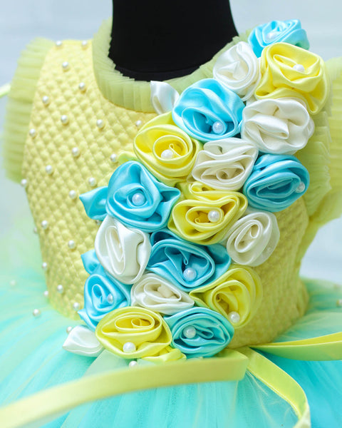 Pre-Order: Light Yellow And Sky Blue Quilted Rich Flower Embellishment Gown