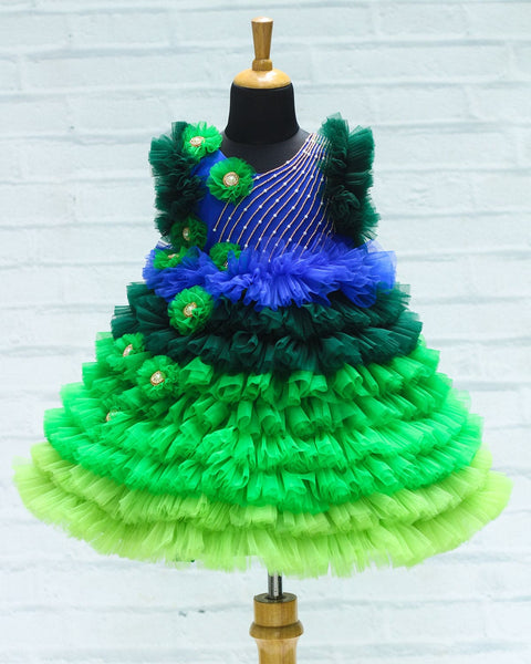 Pre-Order: Peacock Shaded Fluffy Layered Gown With Curve Line Bead Work