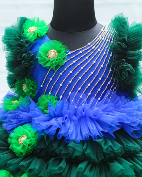 Pre-Order: Peacock Shaded Fluffy Layered Gown With Curve Line Bead Work